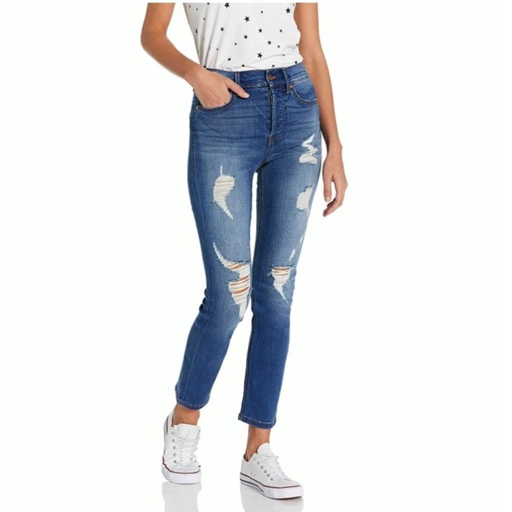 Level 99 Hi-Rise Button Fly Straight Leg Distressed Ankle Cropped Jeans